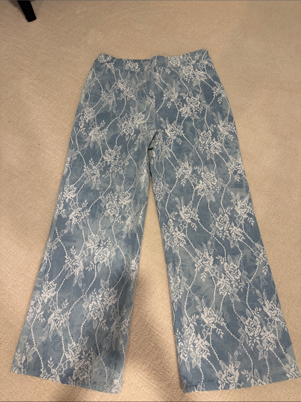 PrettyLittleThing Light Blue Denim Wide Leg Pants with White Lace Overlay